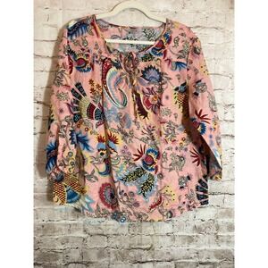 Hester & Orchard Linen Blend Top Womens Large Pink Floral Tie Neck Romantic